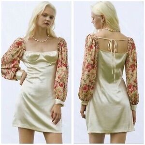 Cider Women’s Museum Date Floral Puff Sleeve Satin Bustier Mini Short Dress SZ M